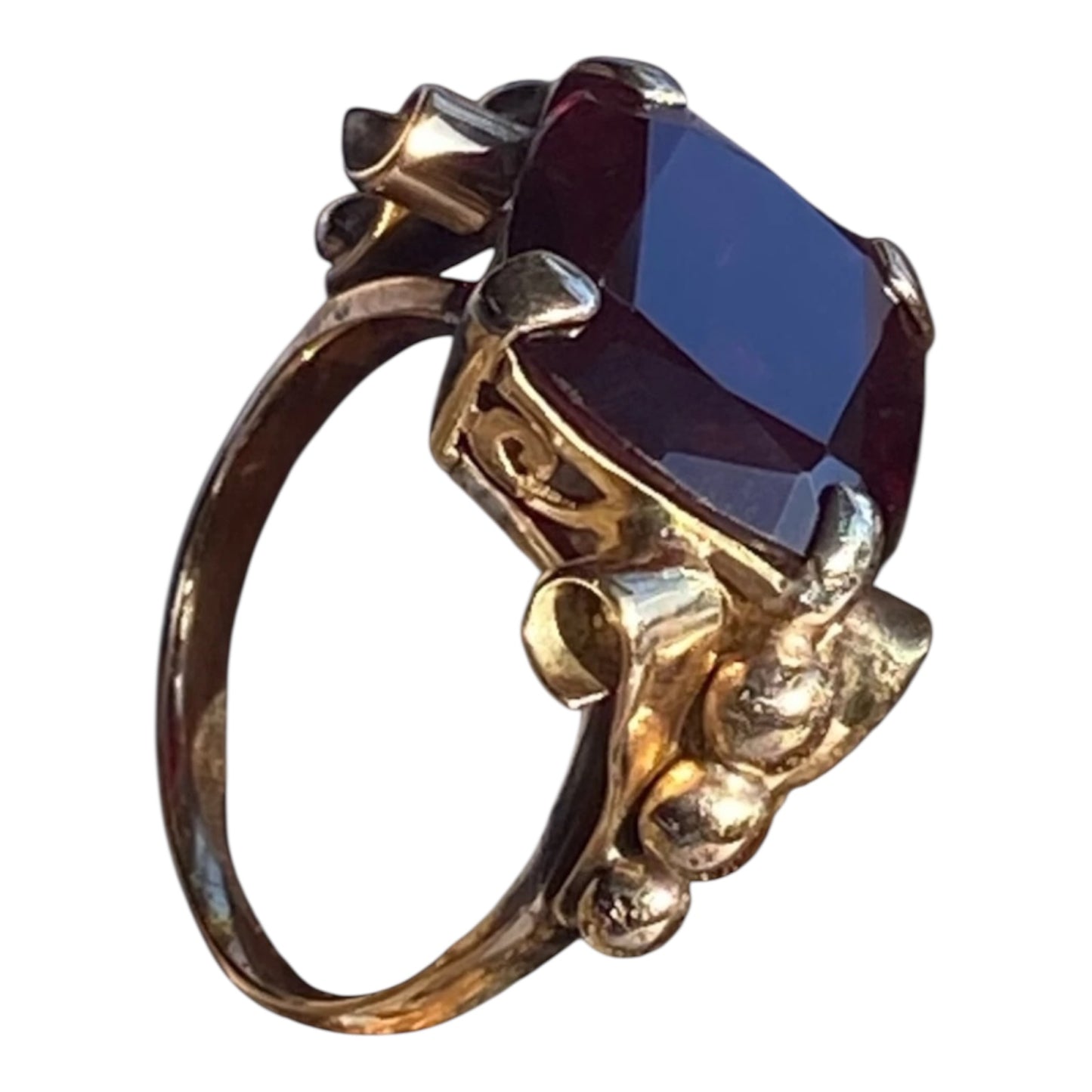 Vintage 14K Yellow Gold Almandine Garnet Ring Large Emerald Cut Estate Cocktail Ring Size 6.5