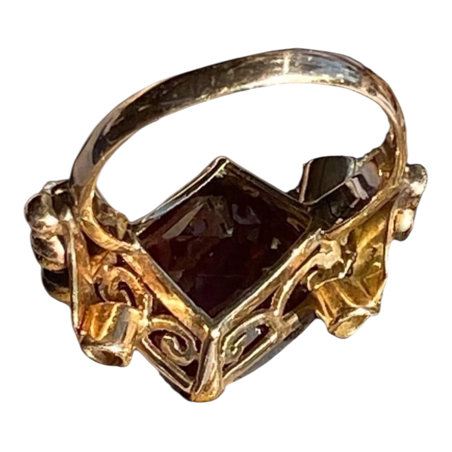 Vintage 14K Yellow Gold Almandine Garnet Ring Large Emerald Cut Estate Cocktail Ring Size 6.5