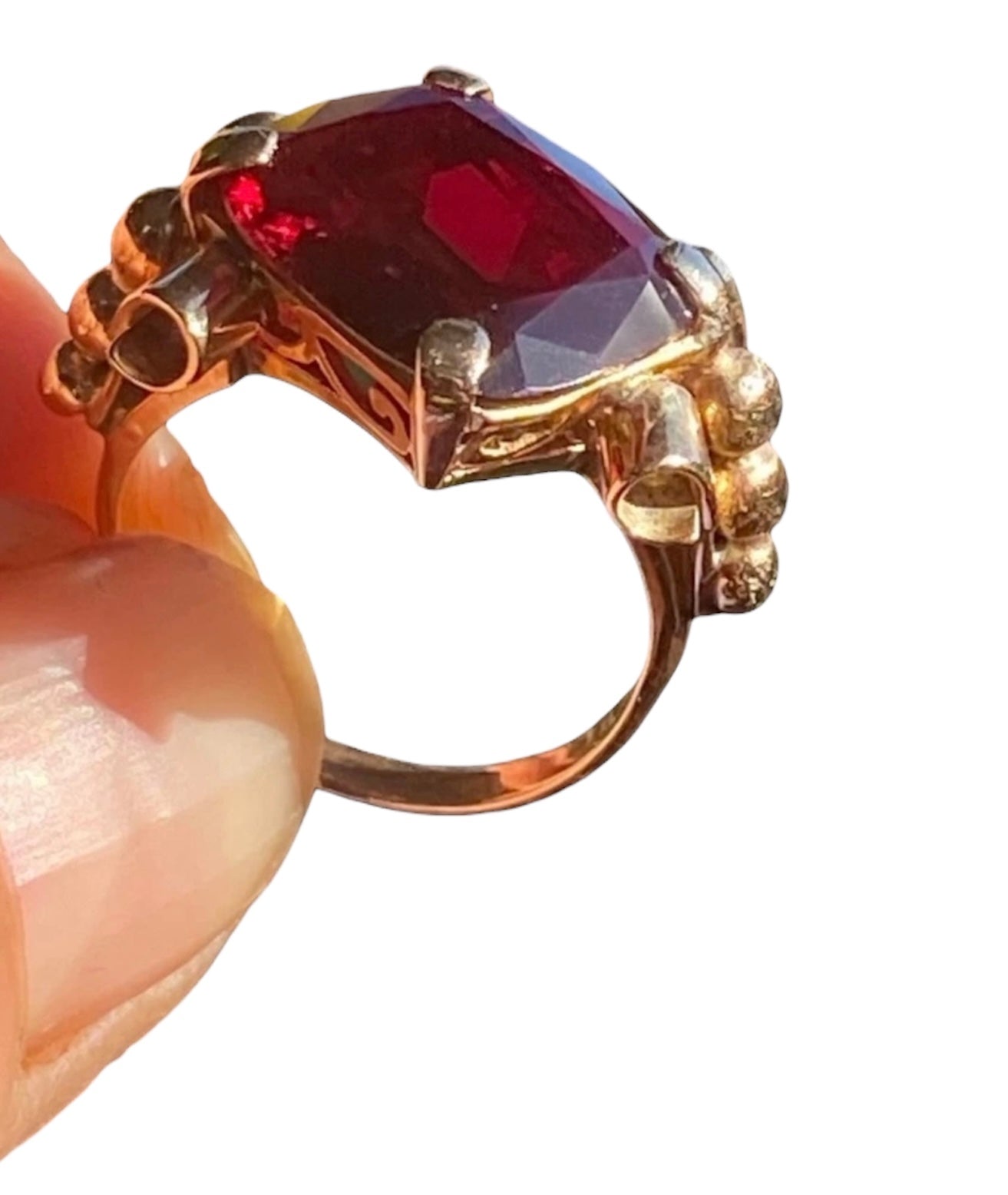 Vintage 14K Yellow Gold Almandine Garnet Ring Large Emerald Cut Estate Cocktail Ring Size 6.5