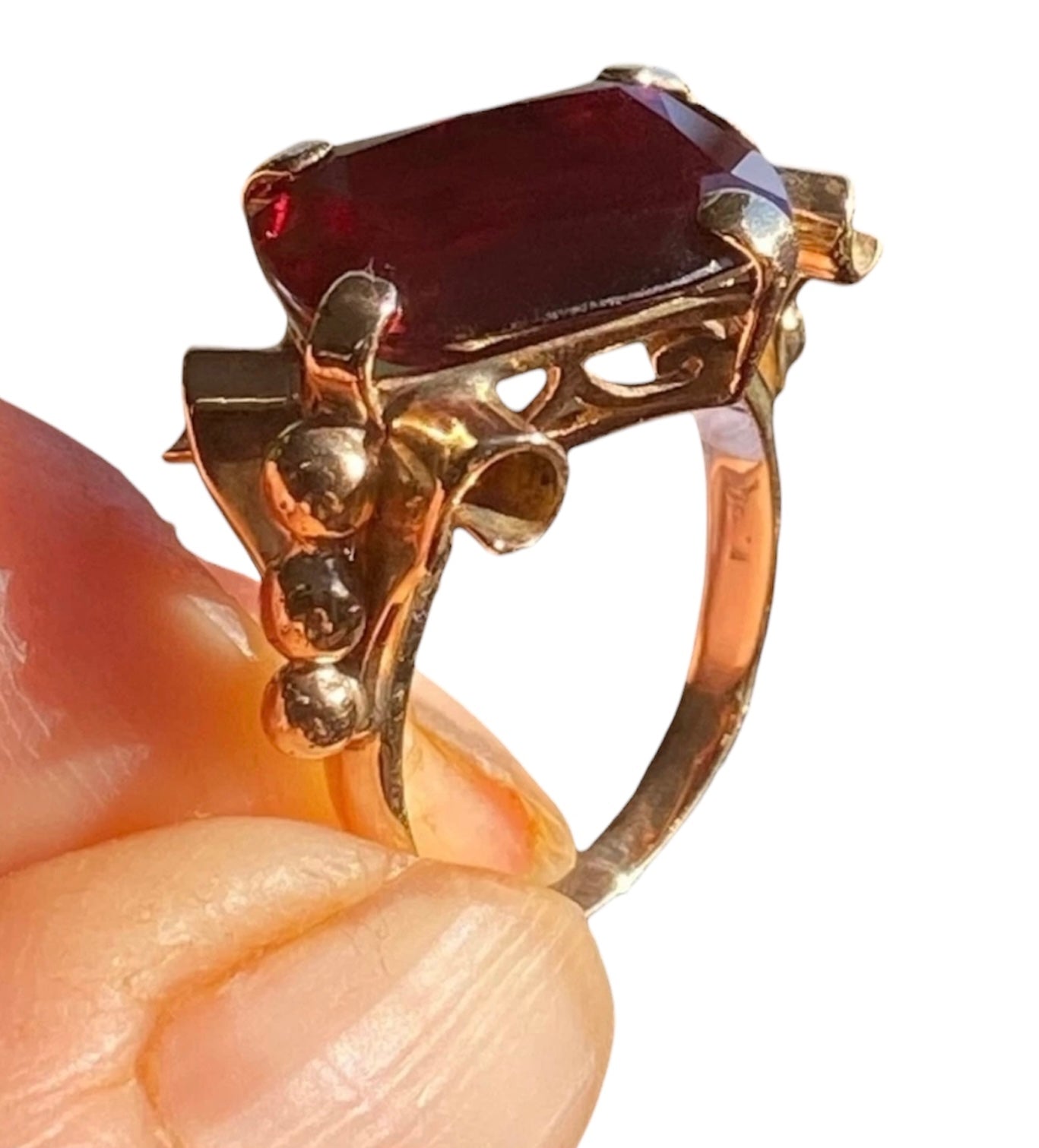 Vintage 14K Yellow Gold Almandine Garnet Ring Large Emerald Cut Estate Cocktail Ring Size 6.5