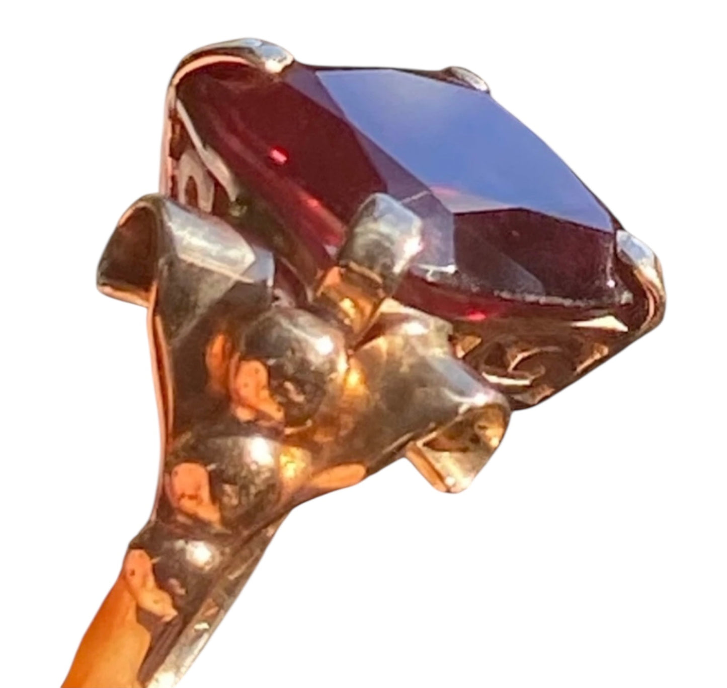 Vintage 14K Yellow Gold Almandine Garnet Ring Large Emerald Cut Estate Cocktail Ring Size 6.5
