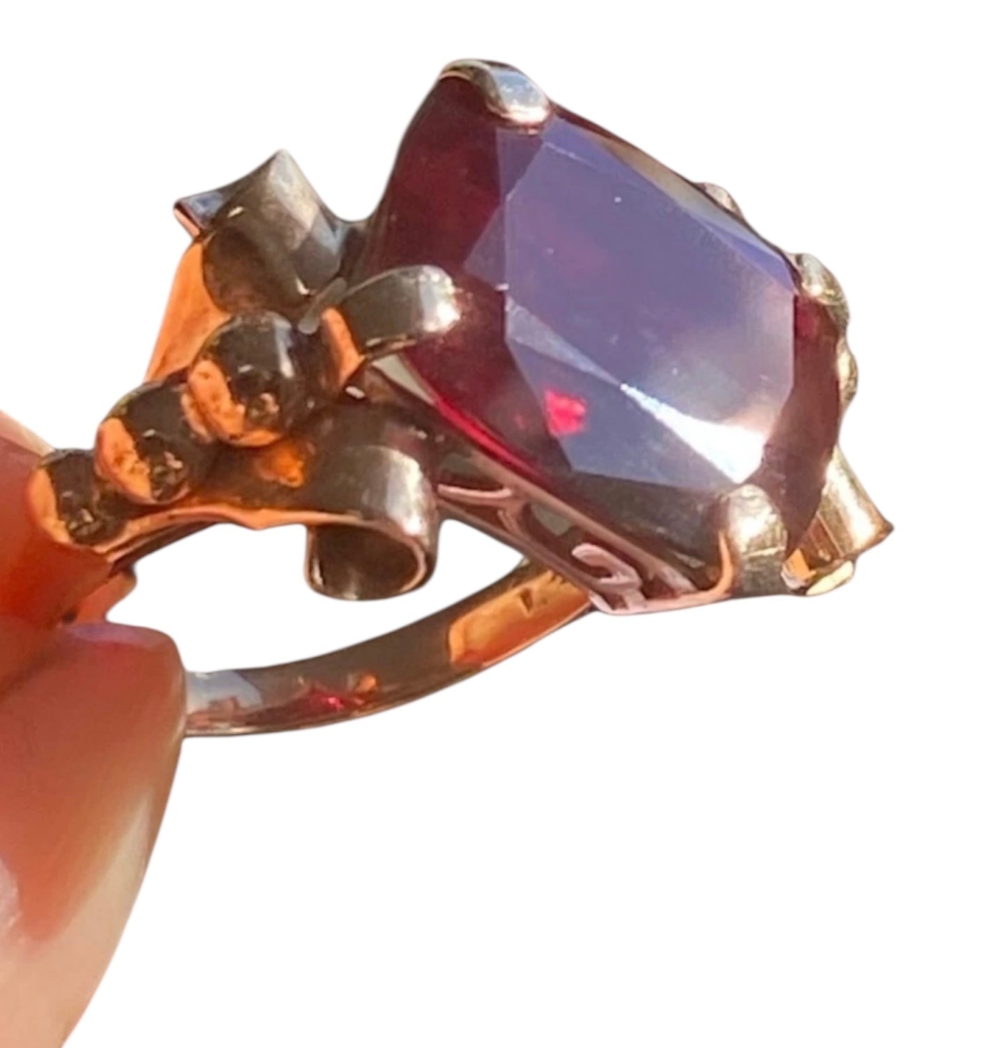 Vintage 14K Yellow Gold Almandine Garnet Ring Large Emerald Cut Estate Cocktail Ring Size 6.5