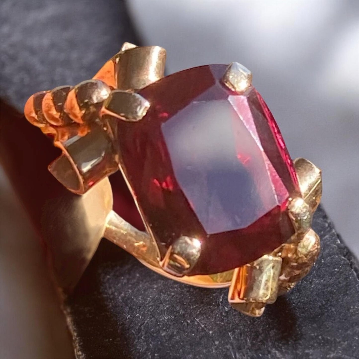 Vintage 14K Yellow Gold Almandine Garnet Ring Large Emerald Cut Estate Cocktail Ring Size 6.5