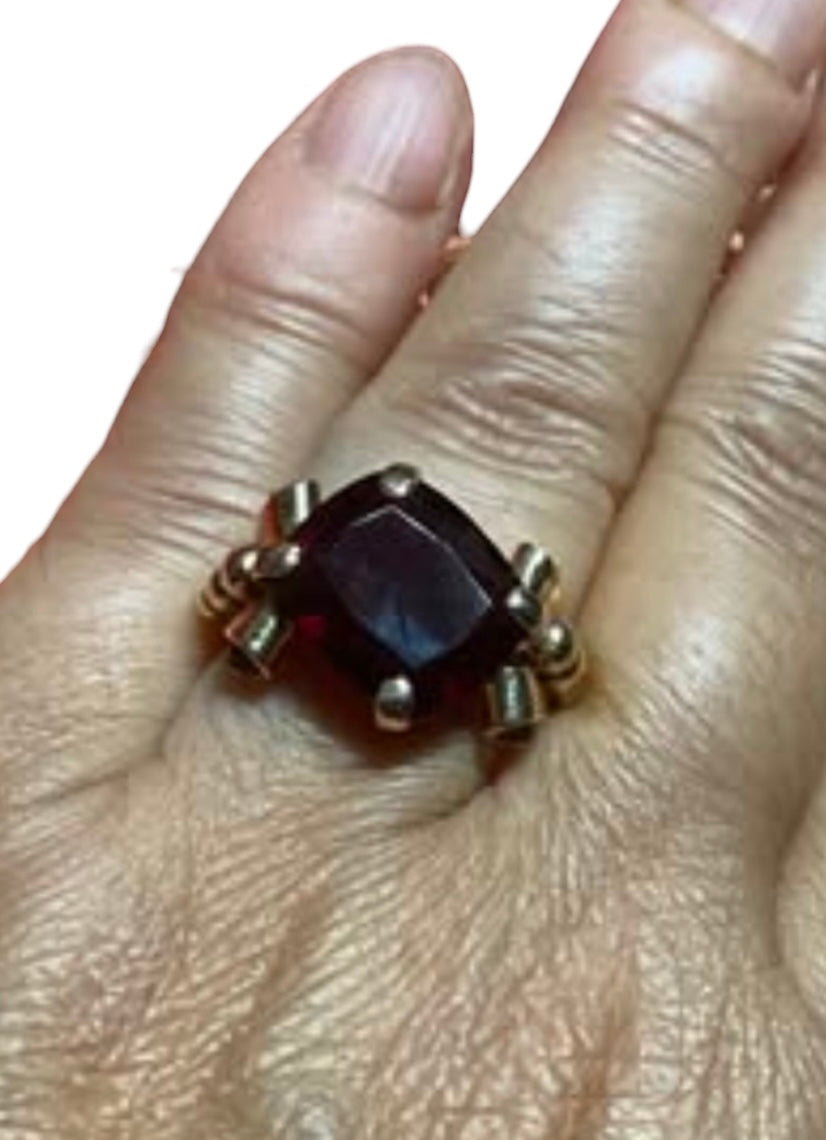 Vintage 14K Yellow Gold Almandine Garnet Ring Large Emerald Cut Estate Cocktail Ring Size 6.5