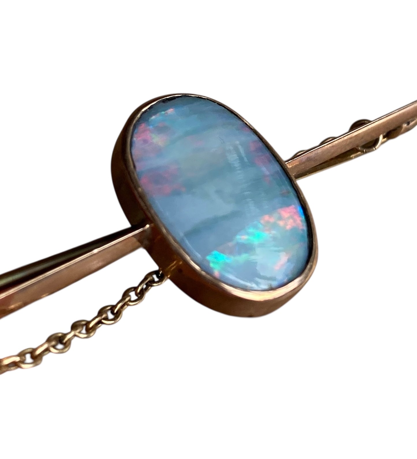 Edwardian 9ct Rose Gold Australian Black Opal Bar Brooch Antique Safety Chain