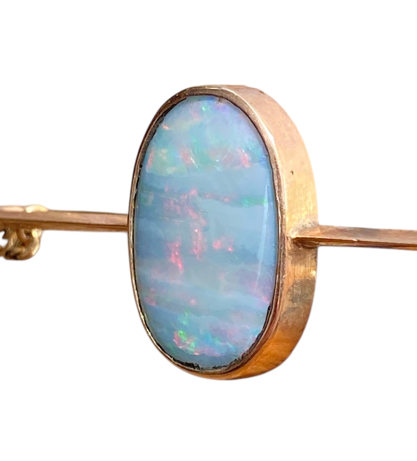 Edwardian 9ct Rose Gold Australian Black Opal Bar Brooch Antique Safety Chain
