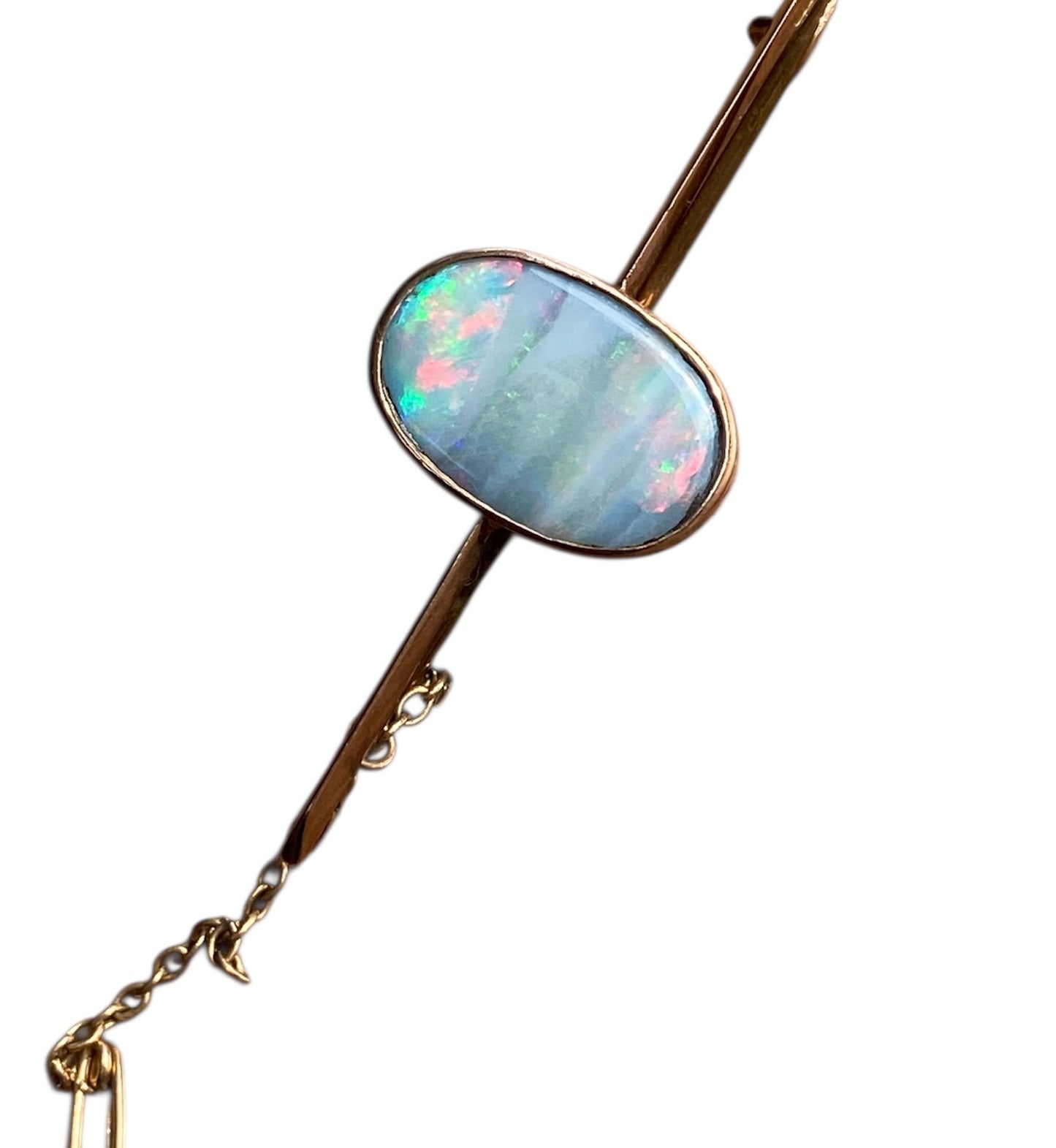 Edwardian 9ct Rose Gold Australian Black Opal Bar Brooch Antique Safety Chain