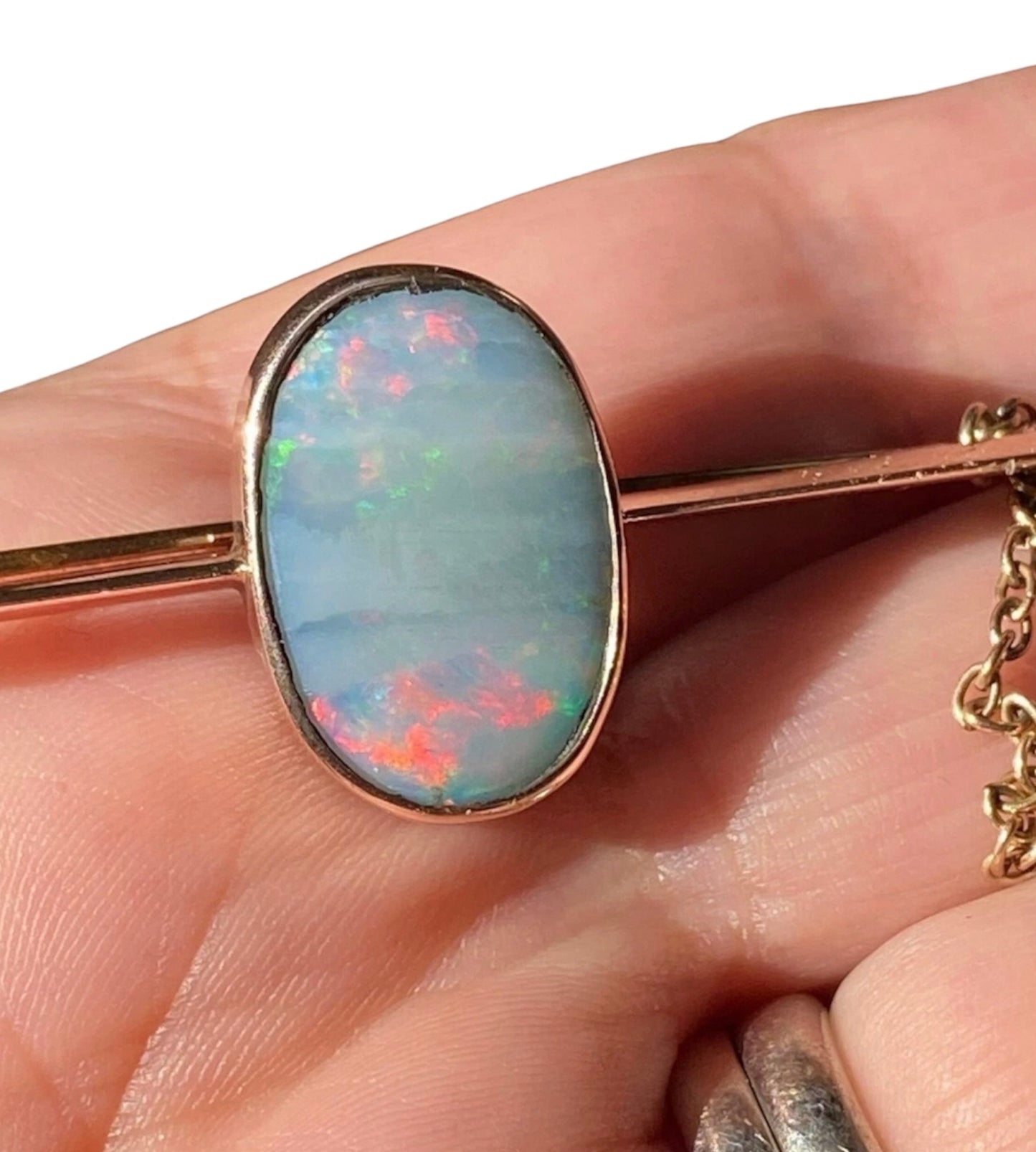 Edwardian 9ct Rose Gold Australian Black Opal Bar Brooch Antique Safety Chain