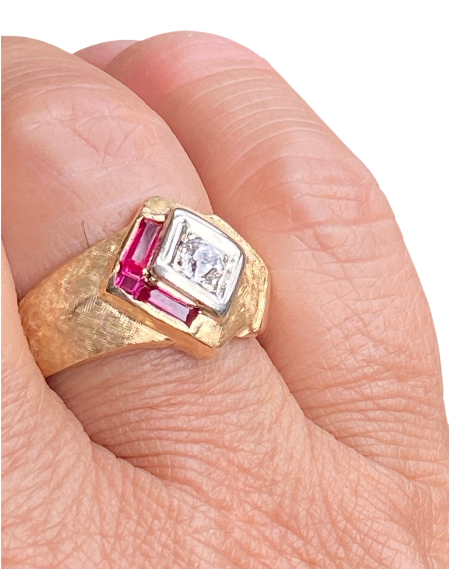 Vintage 0.50ct Diamond & Ruby Ring – 10K Yellow & White Gold, Chunky Unisex Statement Ring (Size 9.5)
