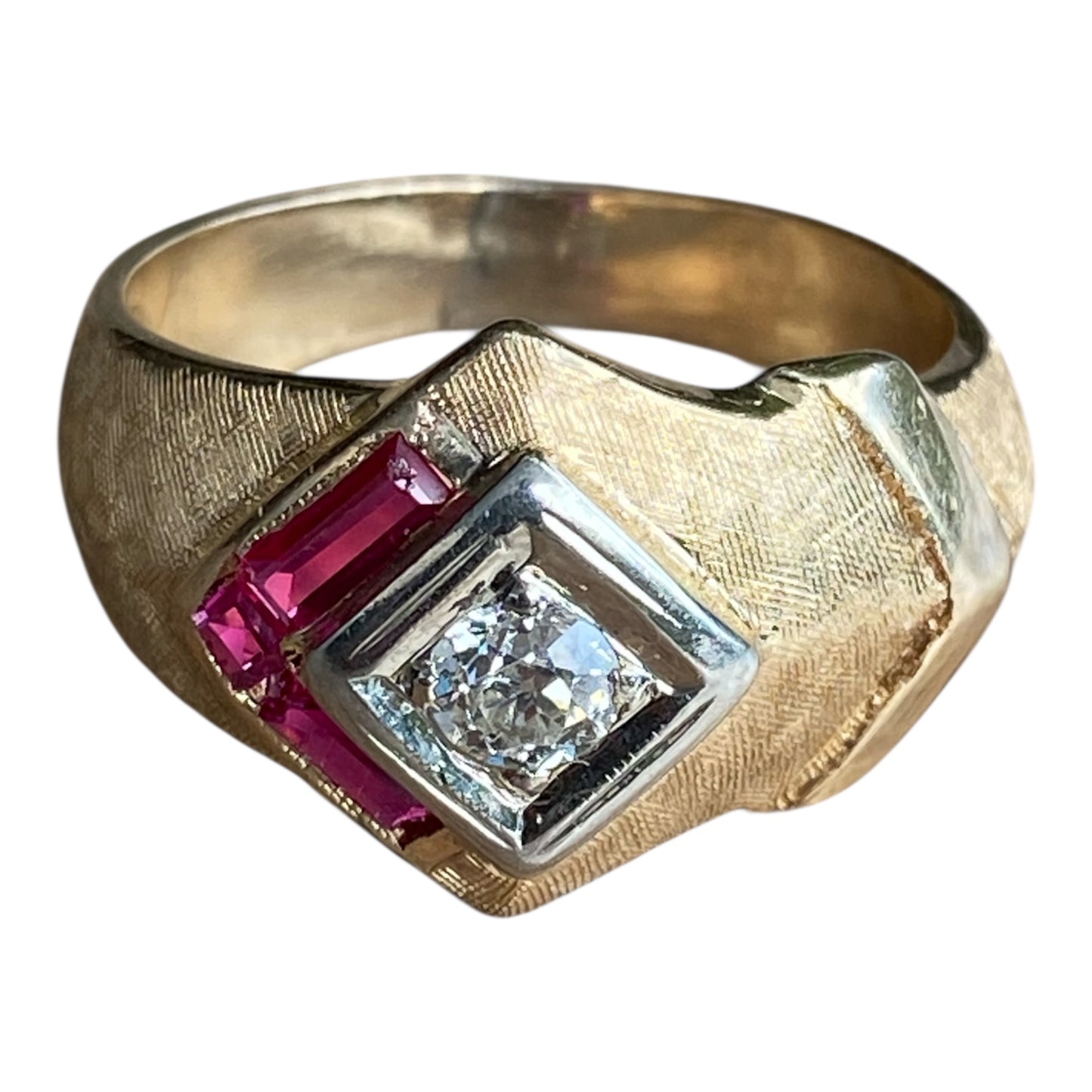Vintage 0.50ct Diamond & Ruby Ring – 10K Yellow & White Gold, Chunky Unisex Statement Ring (Size 9.5)