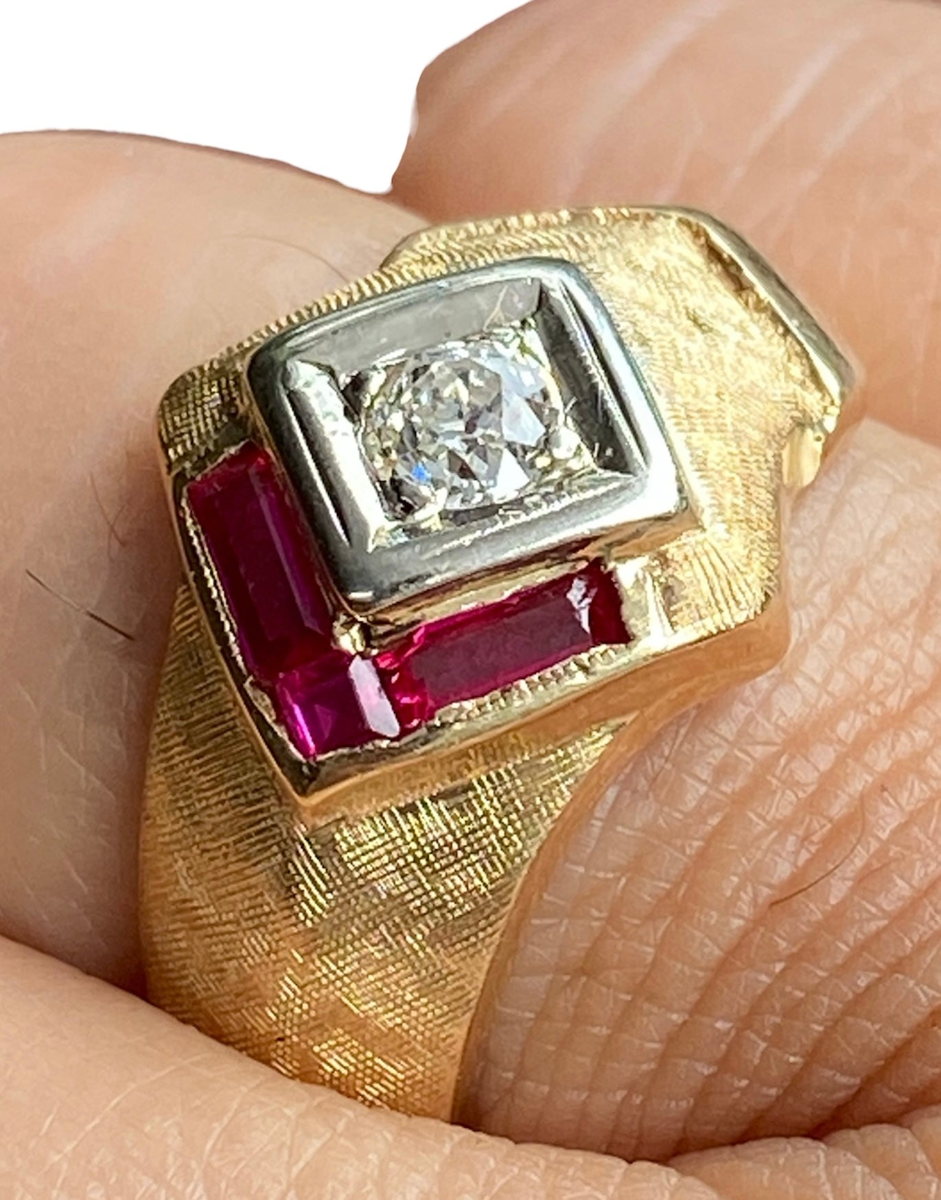 Vintage 0.50ct Diamond & Ruby Ring – 10K Yellow & White Gold, Chunky Unisex Statement Ring (Size 9.5)