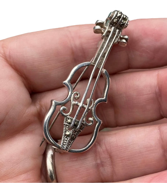 Antique Sterling Silver Violin Brooch with Marcasite 19th Century