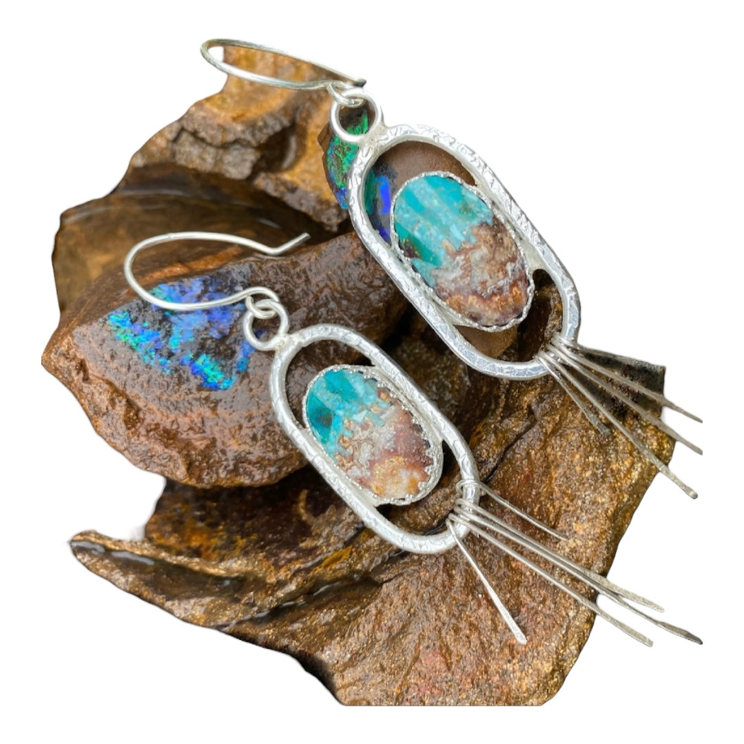 Sterling Silver Bacon Opal Turquoise Earrings Handmade Dangle Boho Tassel sold