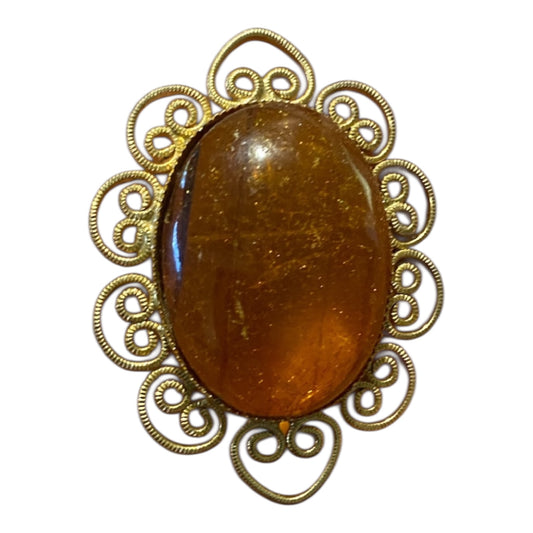 Vintage Large Amber Brooch Pendant 24x32mm Gold Tone Filigree | Statement Jewellery