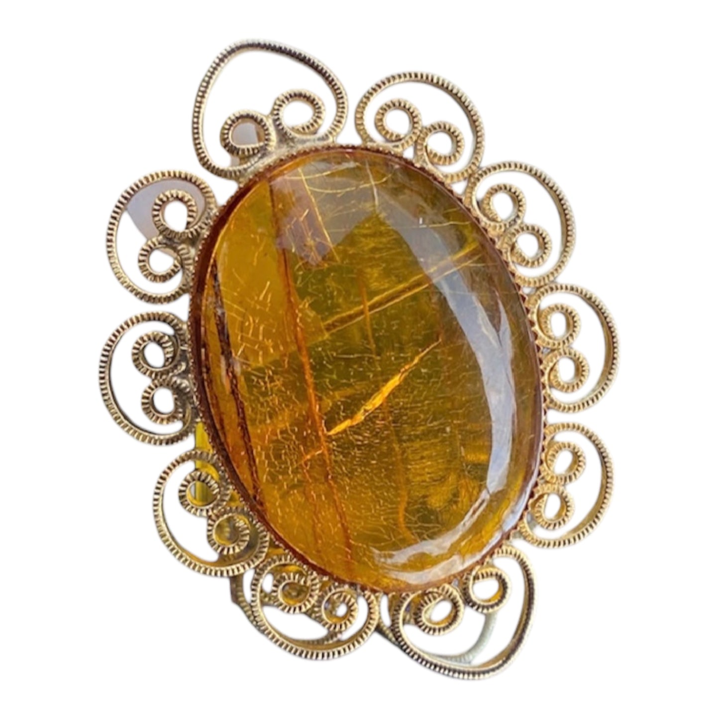 Vintage Large Amber Brooch Pendant 24x32mm Gold Tone Filigree | Statement Jewellery