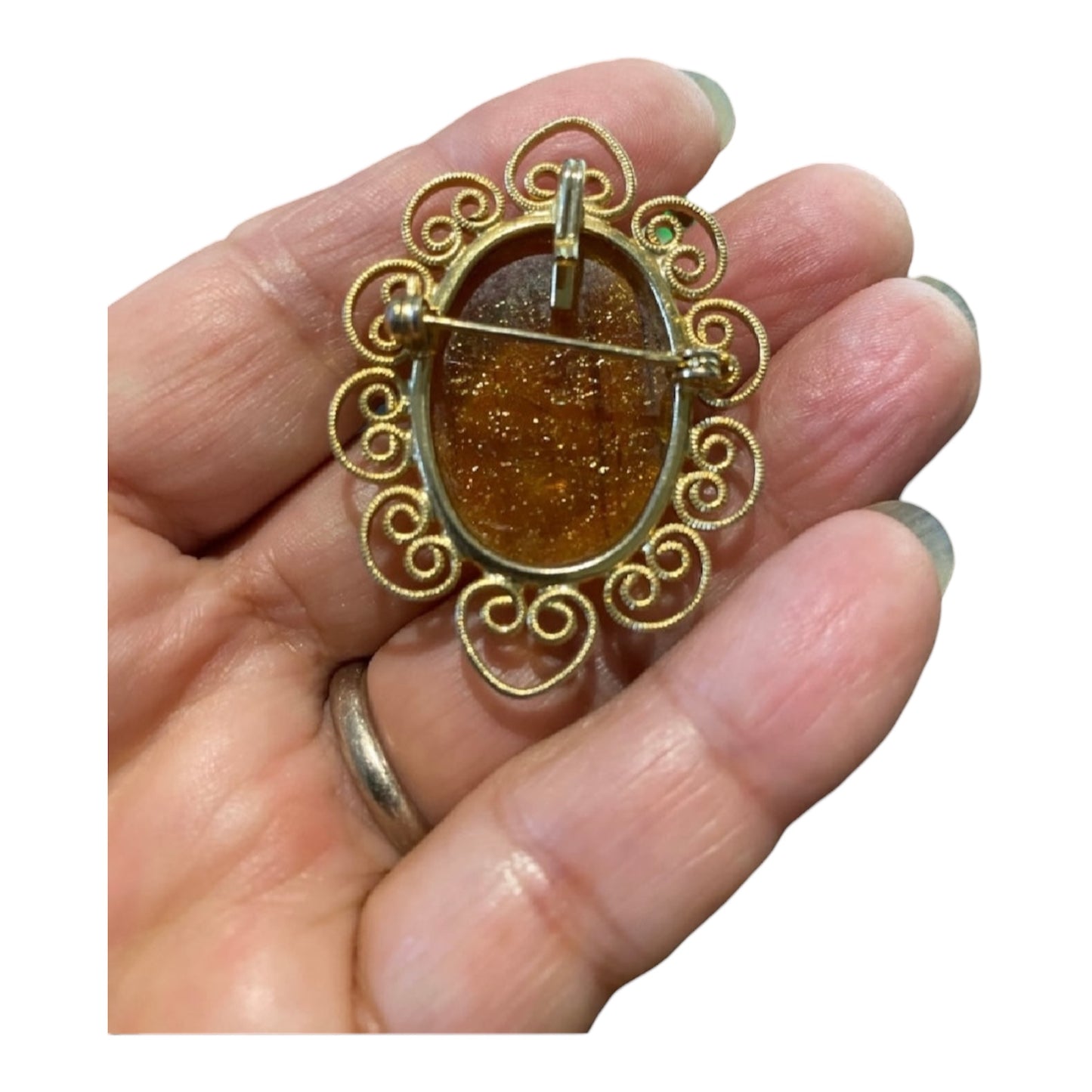 Vintage Large Amber Brooch Pendant 24x32mm Gold Tone Filigree | Statement Jewellery