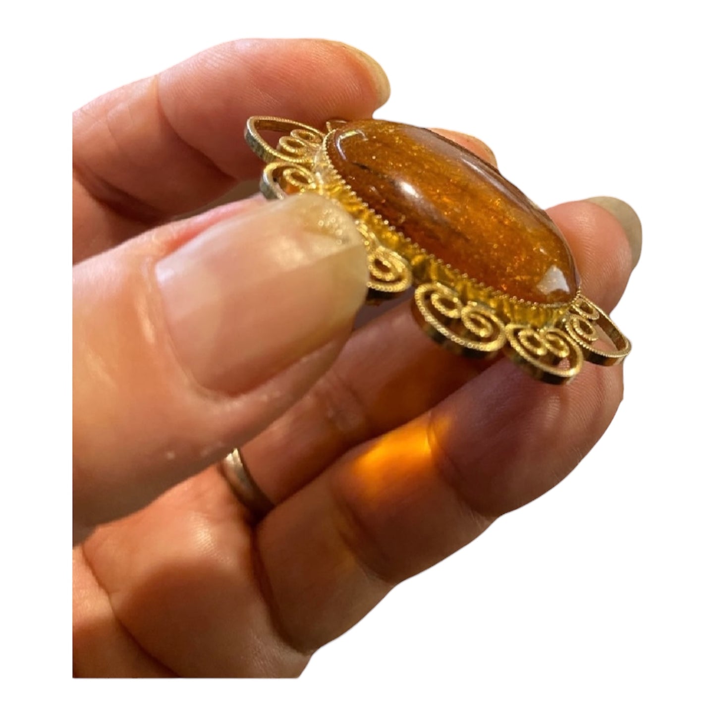 Vintage Large Amber Brooch Pendant 24x32mm Gold Tone Filigree | Statement Jewellery