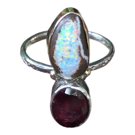 Rare Queensland Boulder Pipe Crystal Opal & Pink Rhodolite Garnet Ring Handmade 9k Gold & Sterling Silver