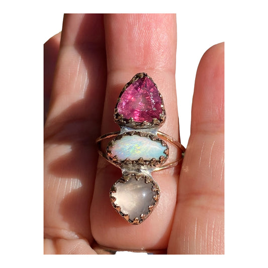 Triple Gemstone Ring Pink Tourmaline, Australian Opal & Rose Quartz 14K Gold