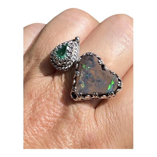 Australian Matrix Opal Heart Ring with Zambian Emerald in Sterling Silver Handmade Artisan Spoon Ring Size 8.5