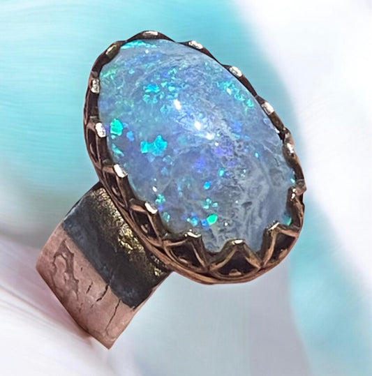 Lightning Ridge Opal Ring Handmade Sterling Silver & Gold, One of a Kind