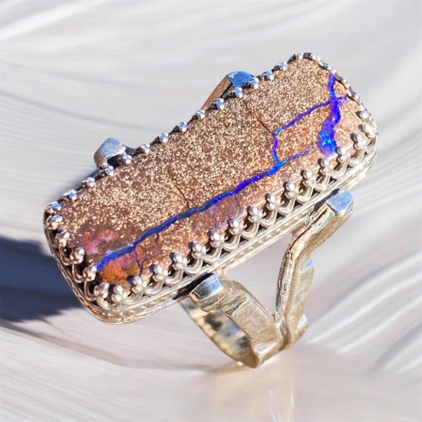 Handmade Boulder Opal Ring in Vintage Sterling Silver – Size 8