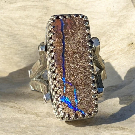 Handmade Boulder Opal Ring in Vintage Sterling Silver – Size 8