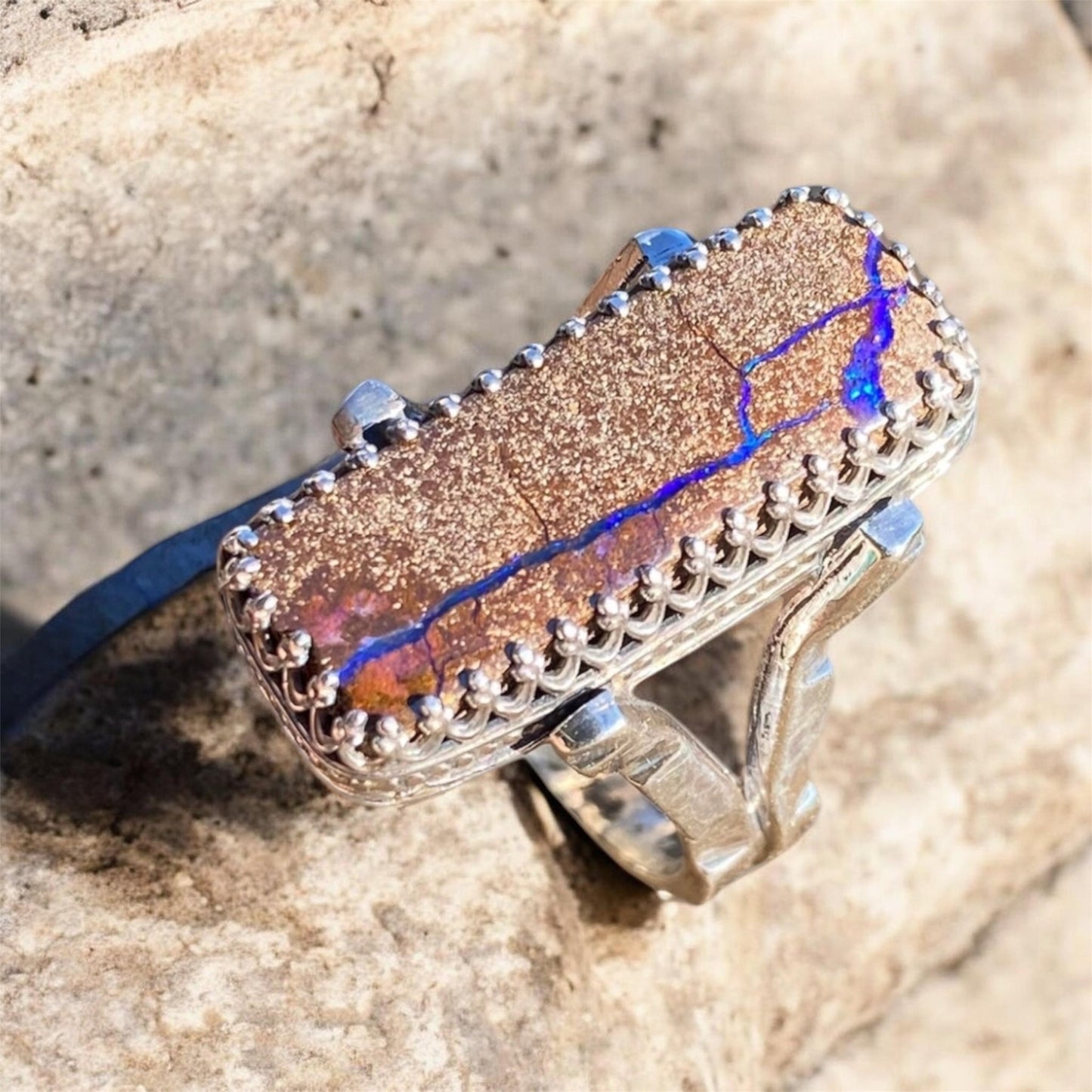 Handmade Boulder Opal Ring in Vintage Sterling Silver – Size 8