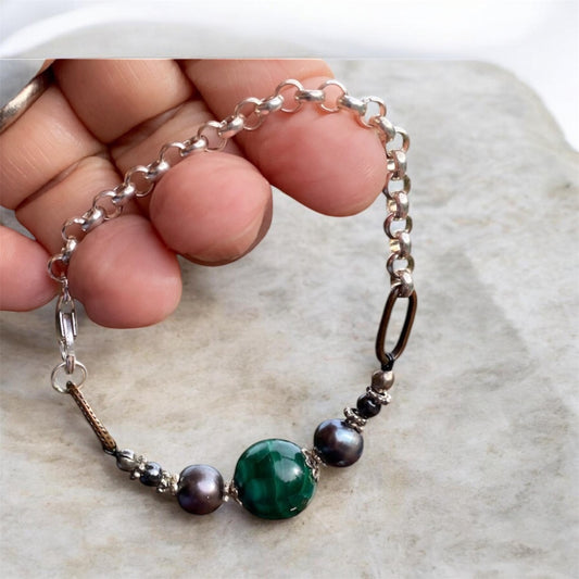 Handmade Malachite and Black Pearl Bracelet 925 Sterling Silver Chain Natural Stone Jewellery Australia Gift