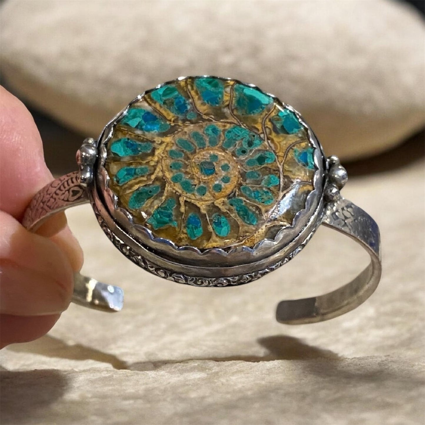 Handmade Ammonite Sterling Silver Cuff Bracelet Fossil Jewellery Chrysocolla Malachite Statement Bracelet