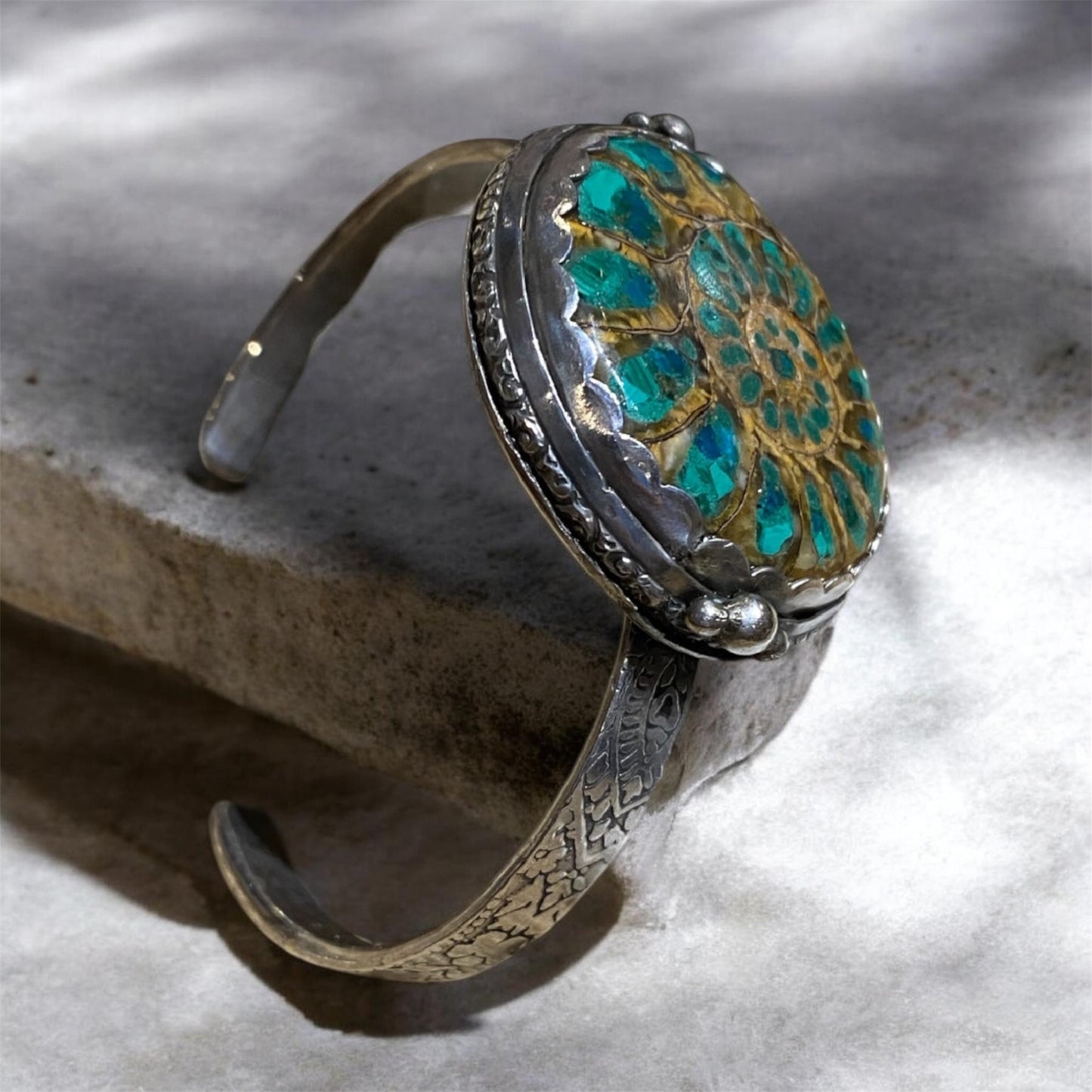 Handmade Ammonite Sterling Silver Cuff Bracelet Fossil Jewellery Chrysocolla Malachite Statement Bracelet