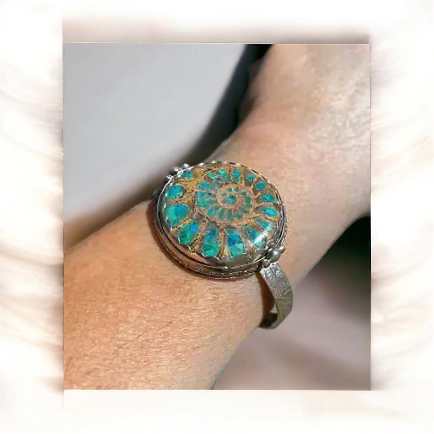 Handmade Ammonite Sterling Silver Cuff Bracelet Fossil Jewellery Chrysocolla Malachite Statement Bracelet