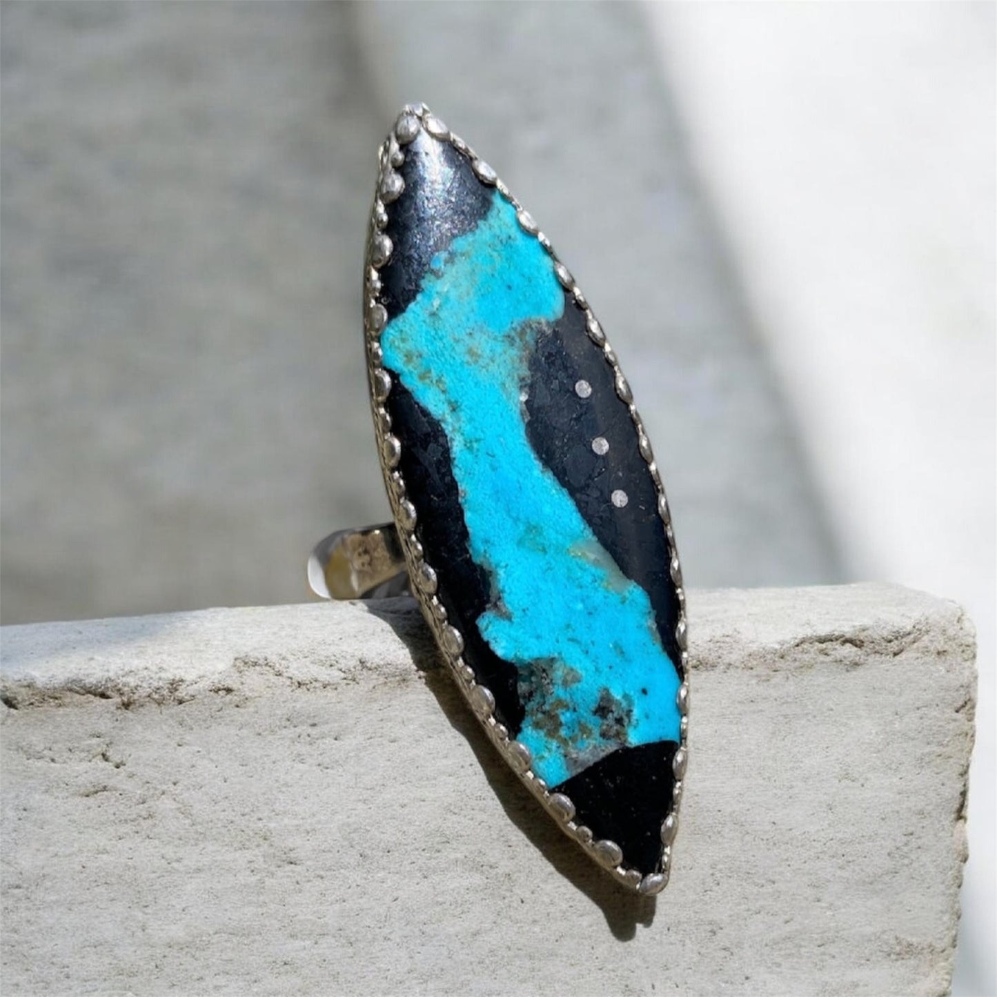 Handmade Turquoise Statement Ring – Jet & Turquoise Inlay Sterling Silver Boho Ring