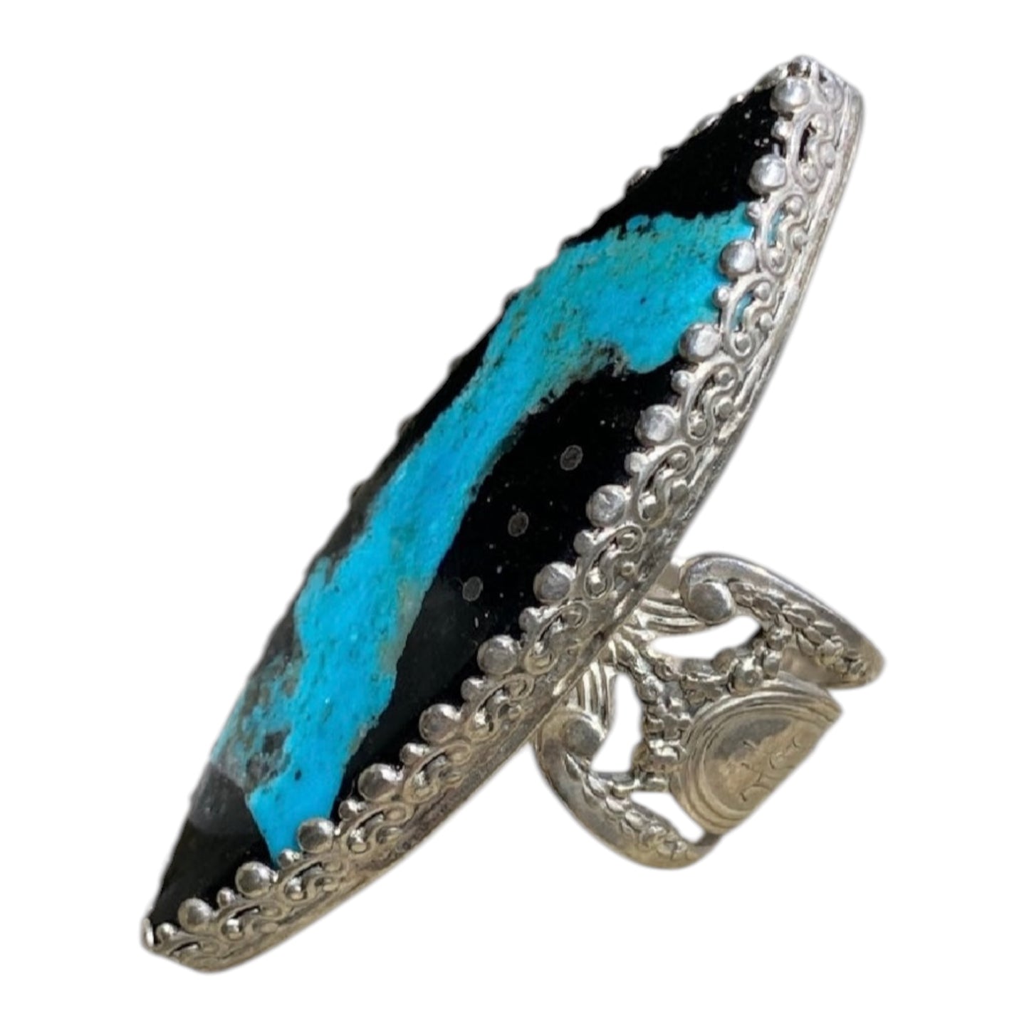 Handmade Turquoise Statement Ring – Jet & Turquoise Inlay Sterling Silver Boho Ring