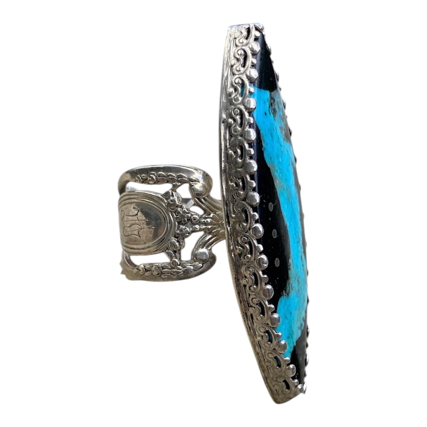 Handmade Turquoise Statement Ring – Jet & Turquoise Inlay Sterling Silver Boho Ring