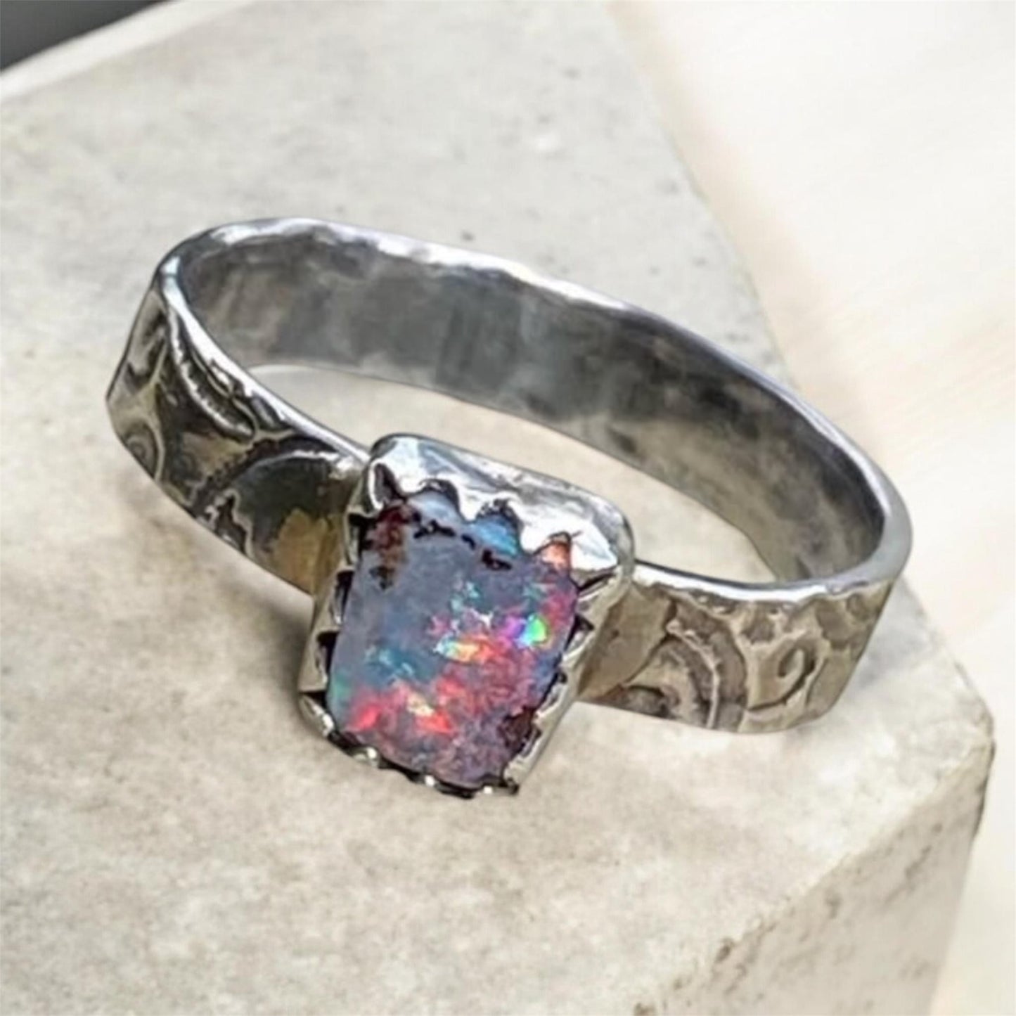 Handmade Queensland Boulder Opal Ring – Sterling Silver Petite Opal Ring (Size 4.5)