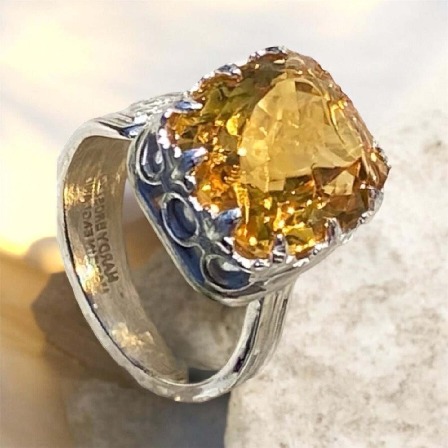 Handmade Citrine Statement Ring Sterling Silver Vintage Spoon Ring One of a Kind