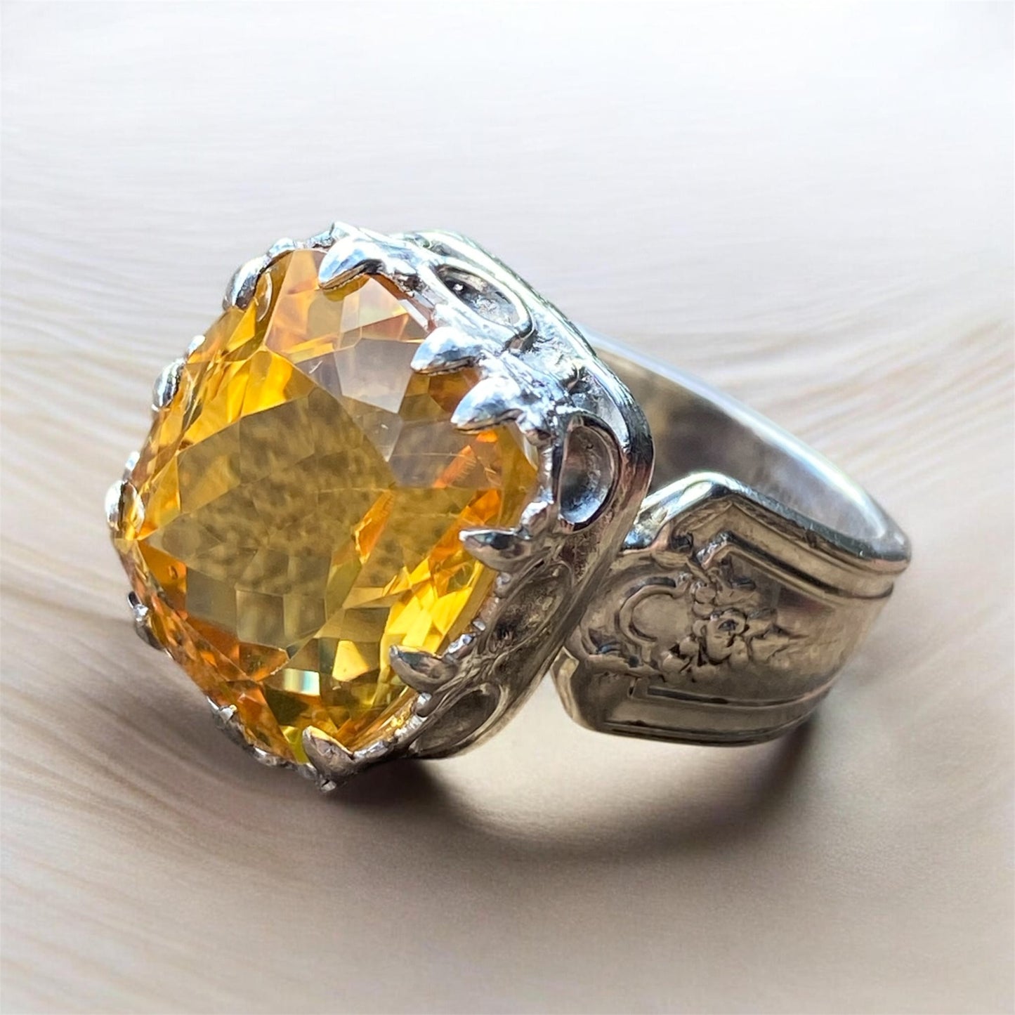 Handmade Citrine Statement Ring Sterling Silver Vintage Spoon Ring One of a Kind