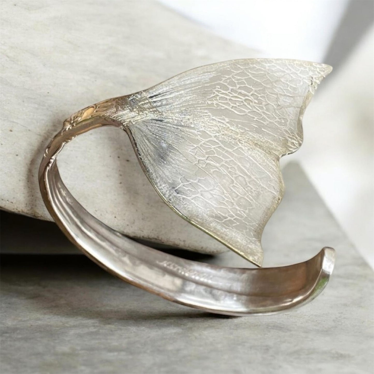 Hand Engraved Whale Tail Cuff Bracelet Vintage Spoon Upcycled EPNS Jewellery Australia Sold