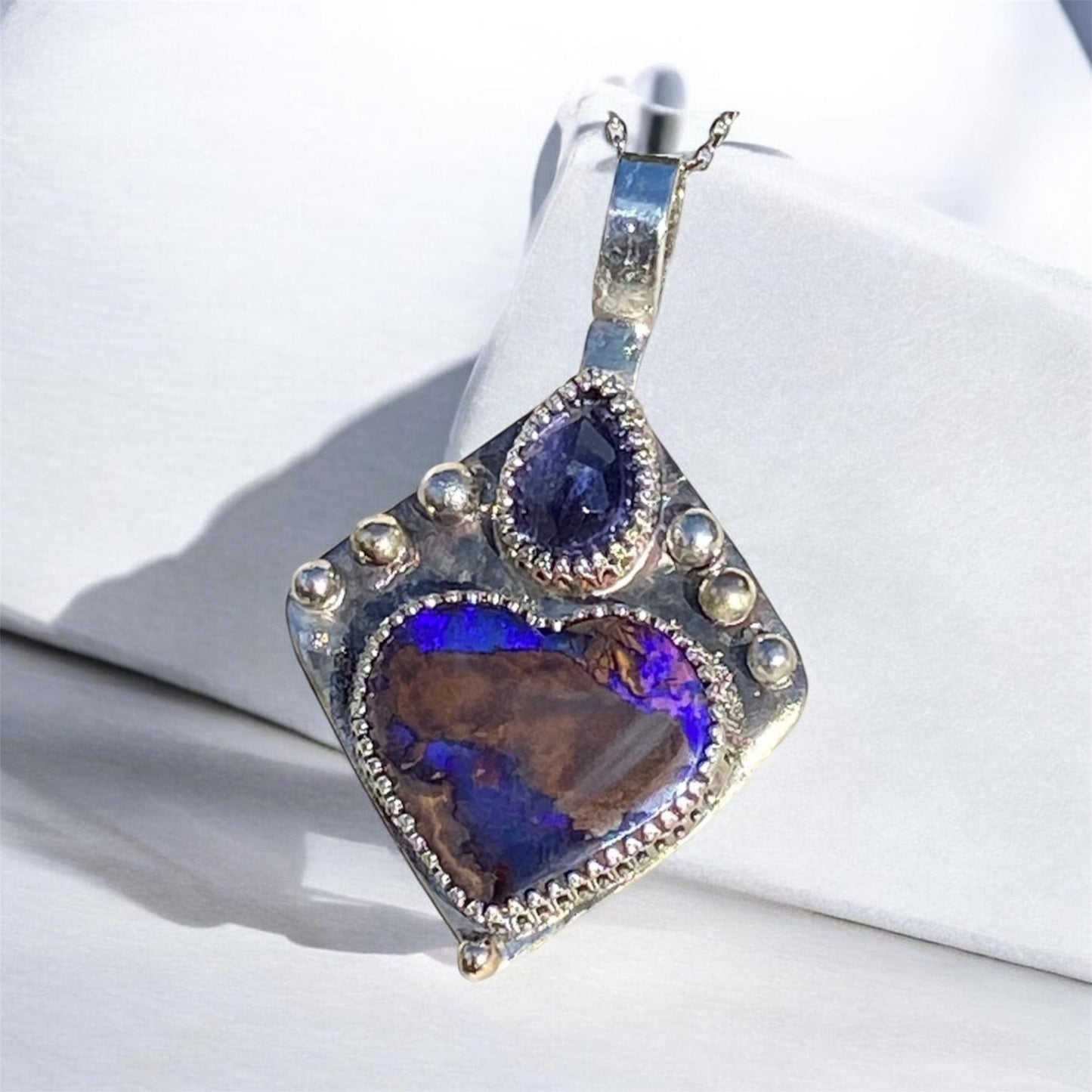 Winton Boulder Opal Heart Pendant Handmade Iolite 9k Gold Silver