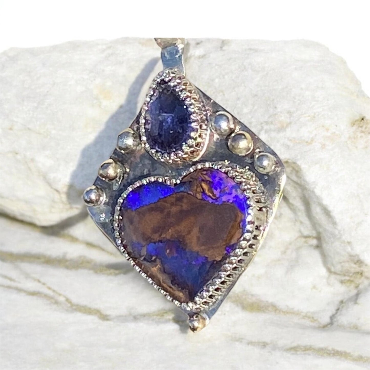 Winton Boulder Opal Heart Pendant Handmade Iolite 9k Gold Silver