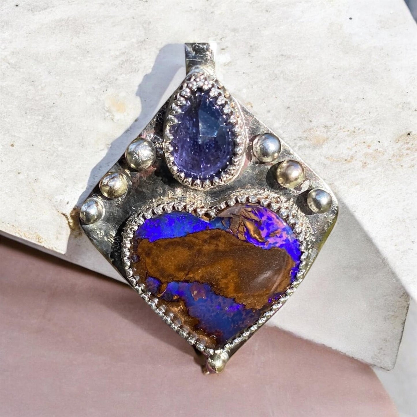 Winton Boulder Opal Heart Pendant Handmade Iolite 9k Gold Silver