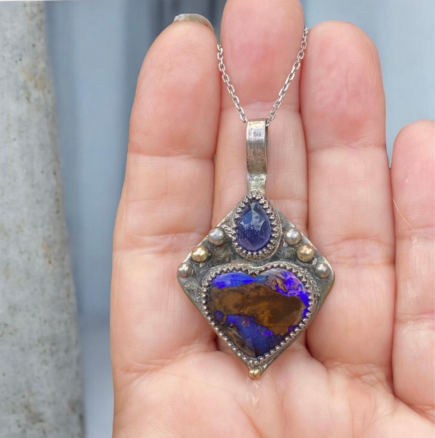 Winton Boulder Opal Heart Pendant Handmade Iolite 9k Gold Silver