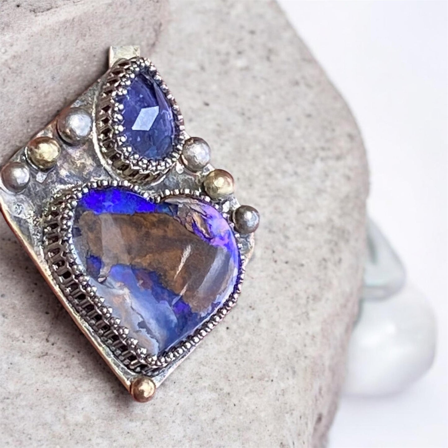Winton Boulder Opal Heart Pendant Handmade Iolite 9k Gold Silver