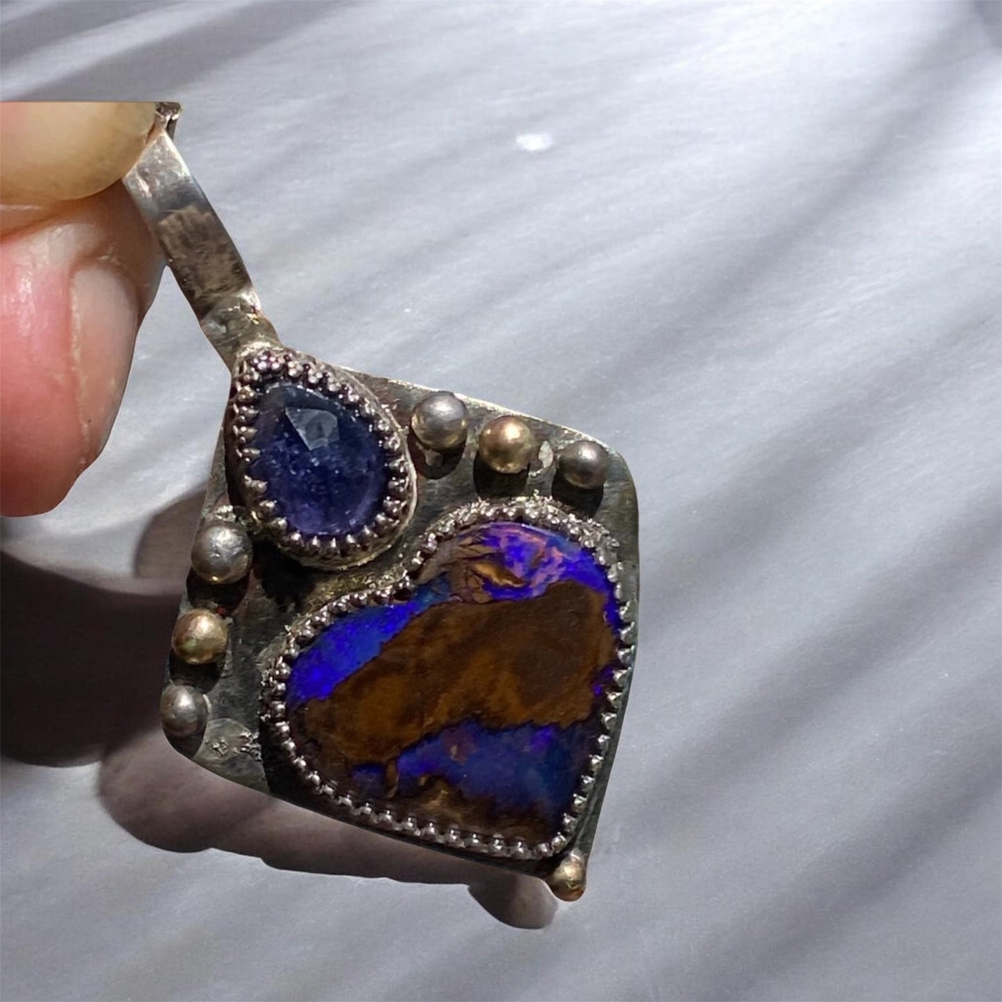 Winton Boulder Opal Heart Pendant Handmade Iolite 9k Gold Silver
