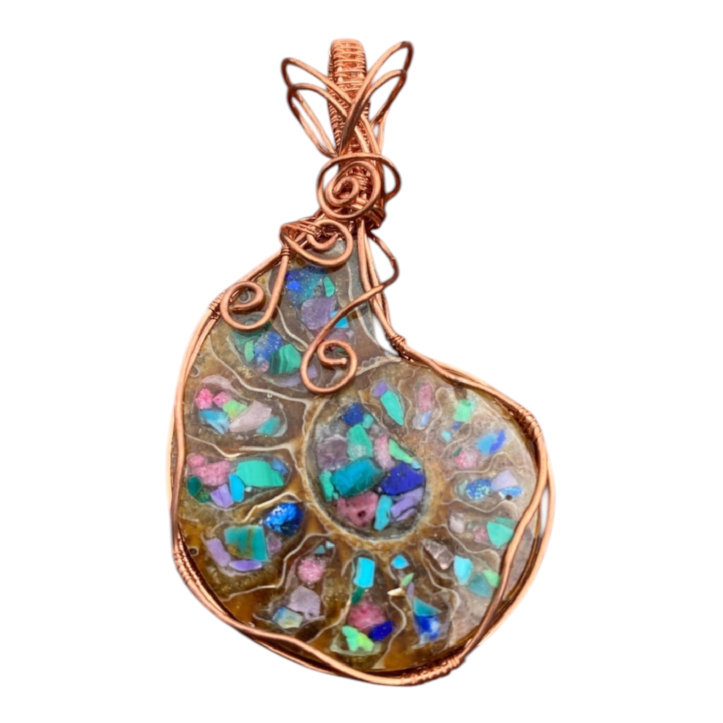 Copper Wrapped Ammonite Pendant Turquoise Lapis Malachite Fossil Statement Jewellery