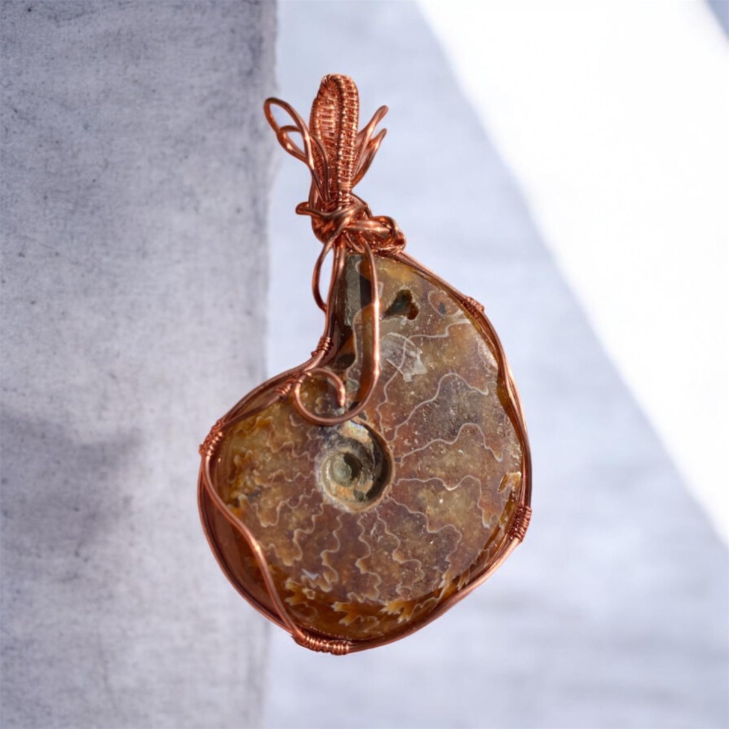 Copper Wrapped Ammonite Pendant Turquoise Lapis Malachite Fossil Statement Jewellery