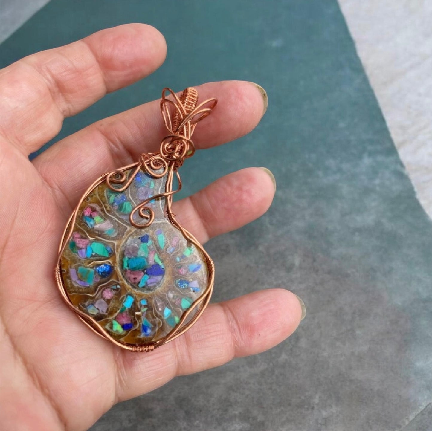 Copper Wrapped Ammonite Pendant Turquoise Lapis Malachite Fossil Statement Jewellery