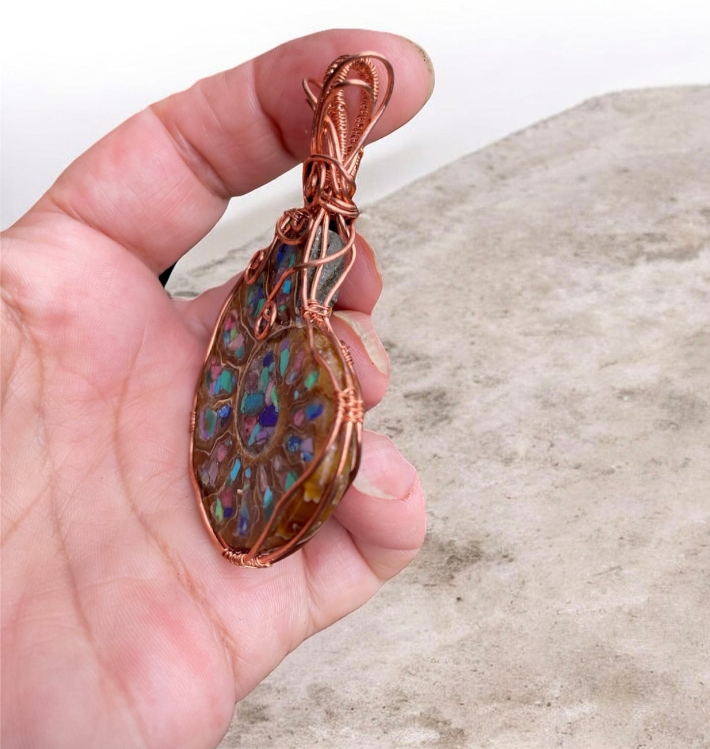 Copper Wrapped Ammonite Pendant Turquoise Lapis Malachite Fossil Statement Jewellery
