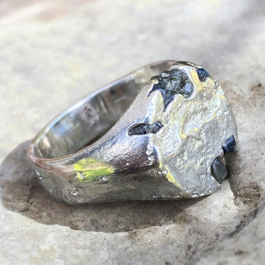 Handmade Sterling Silver Signet Ring with Raw Queensland Sapphires Size 11.5